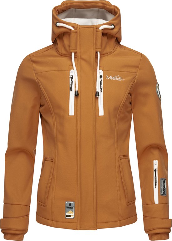 Veste marron à capuche, fermetures éclair blanches et cordons blancs. Logo sur la poitrine.