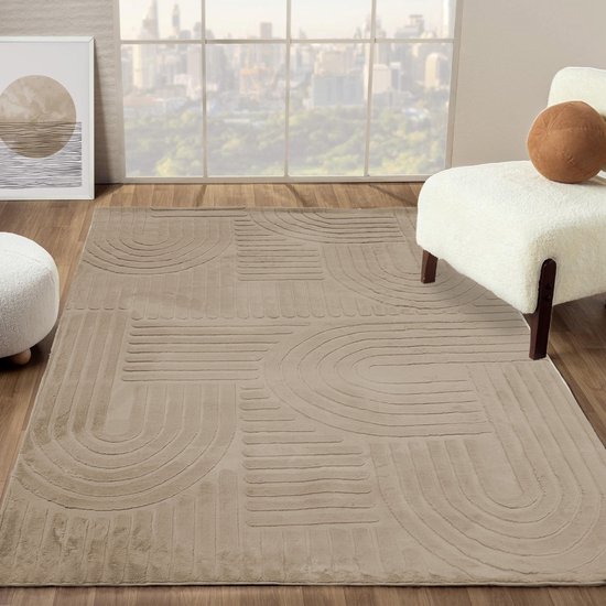 Flycarpets Eve Japandi Vloerkleed Taupe - Laagpolig Tapijt Woonkamer - Zacht en Fluffy - 160x230 cm