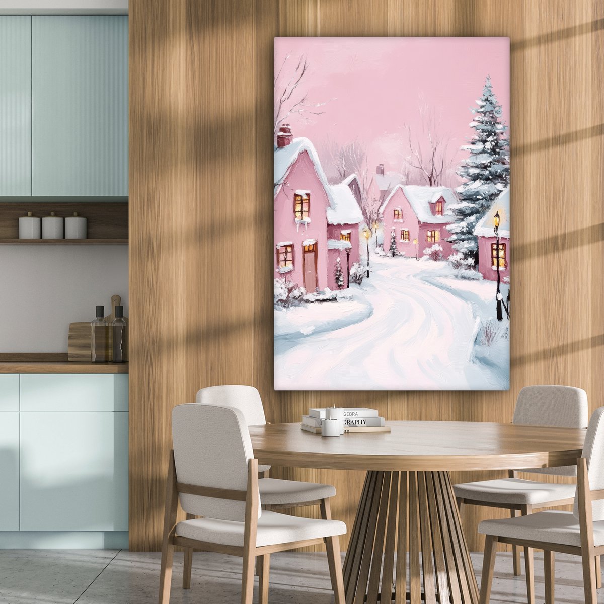 Canvas schilderij 80x120 cm - Wanddecoratie Kerstdorp - Roze - Winter - Sneeuw - Huizen - Muurdecoratie woonkamer - Slaapkamer decoratie - Kamer accessoires - Schilderijen op canvas - Kerstdecoratie voor binnen - Kerstversiering - Kerstmis versiering – foto 6