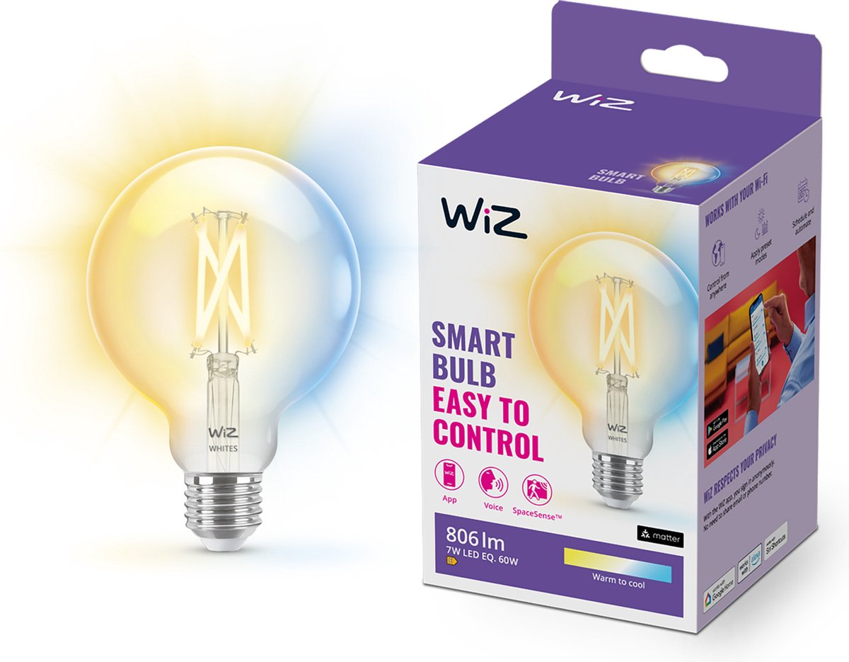 WiZ Filament Lamp Globe - Warm- tot Koelwit Licht - Slimme LED Verlichting - E27 fitting - 60W - Transparant - Wi-Fi - Kleine bol: G95