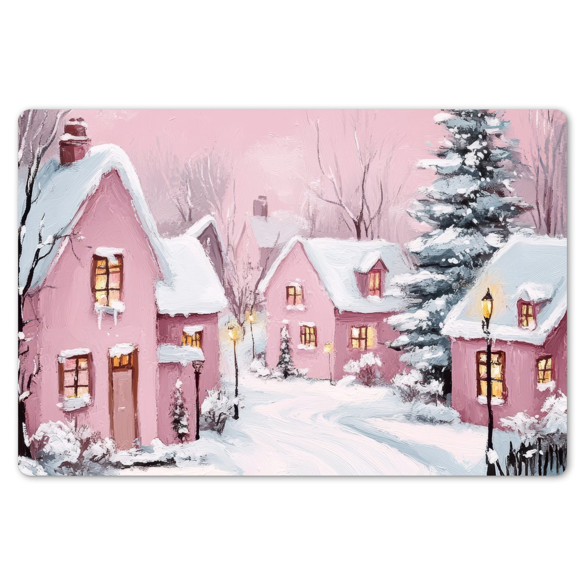 Placemats - 6 stuks - 45x30 cm - Placemat kunststof - Kerstdorp - Roze - Winter - Sneeuw - Huizen - Borden onderleggers - Decoratie voor op tafel - Keuken tafeldecoratie accessoires - Vinyl onderlegger - Tafelversiering – foto 6
