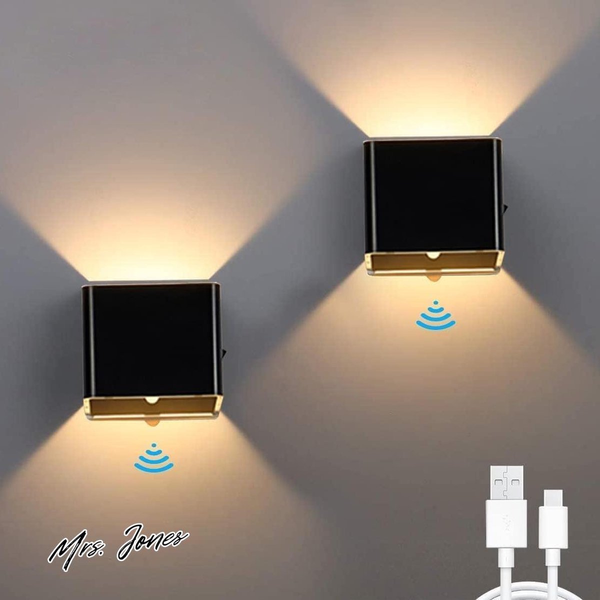 Mrs. Jones LED Wandlamp voor Binnen 5W Zwart Oplaadbaar Met Bewegingsmelder USB Batterij Oplaadbaar Traplicht Warmwit Magnetisch Draadloos Voor Trap Hal 2 Stuks .