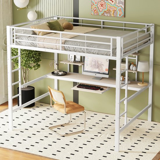 Gutent Kinderbed (Zonder matras, Zonder stoel), Metalen bedframe met bureau en twee boekenplanken, Geschikt voor kinderen, Tieners en Volwassenen, 140x200 cm, Wit