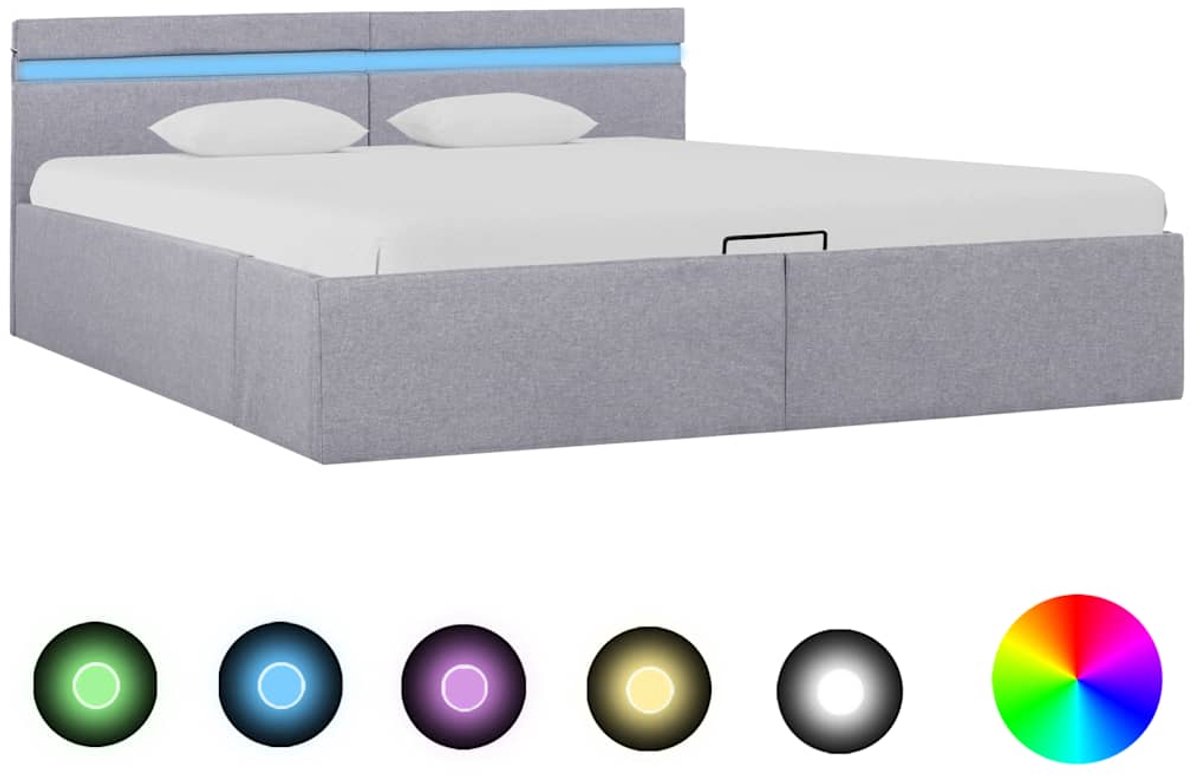 vidaXL - Bedframe - met - opbergruimte - en - LED - stof - lichtgrijs - 180x200 - cm