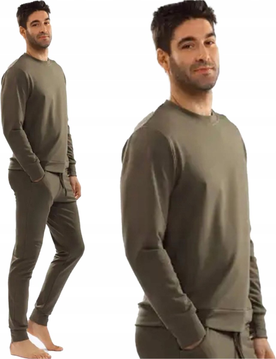 Heren huispak van zacht katoen | 2-delig Trainingspak gemaakt in Europa | DKaren Justin | lange broek lange mouwen | khaki-groen XL
