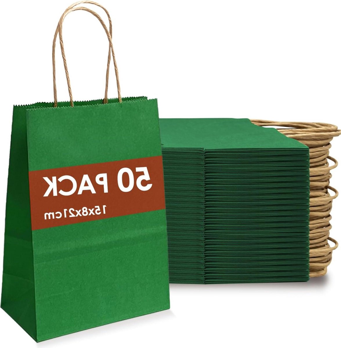 Kraftpapieren zakken met handvat - 50 stuks - groen - verjaardag bruiloft - 21 x 8 x 15 cm