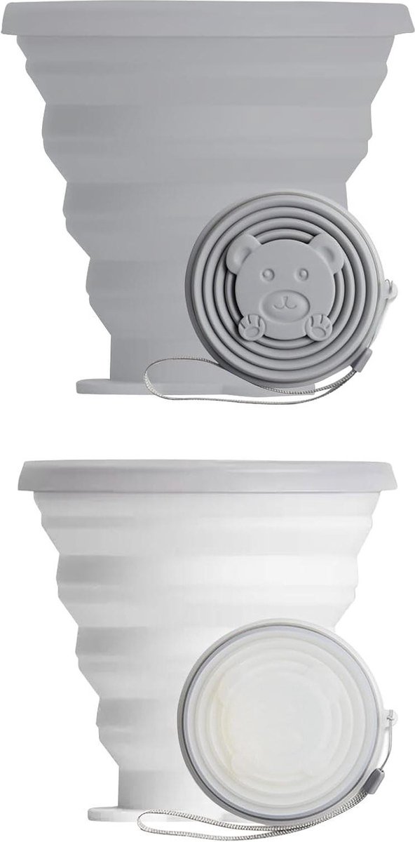Goedkoopste Opvouwbare siliconen beker - 2 stuks - vouwbeker met deksel - 270 ml - klapbeker - reisbeker - drinkbeker - herbruikbaar - campingbeker - inklapbaar - grijs - wit
