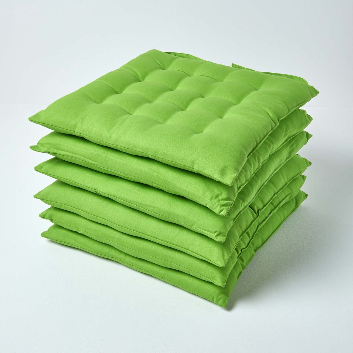 Homescapes stoelkussens – set van 6 zitkussens – katoen – 40x40 cm – limoengroen – met lint – voor eetkamer & buitengebruik