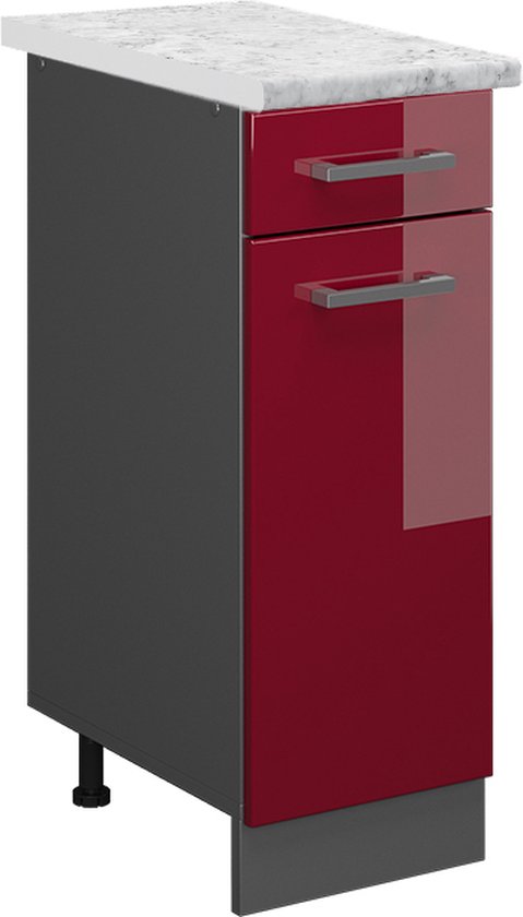 Vicco Élément bas de cuisine R- Line, Rouge bordeaux brillant/Anthracite, Empattement 30 cm Marbre