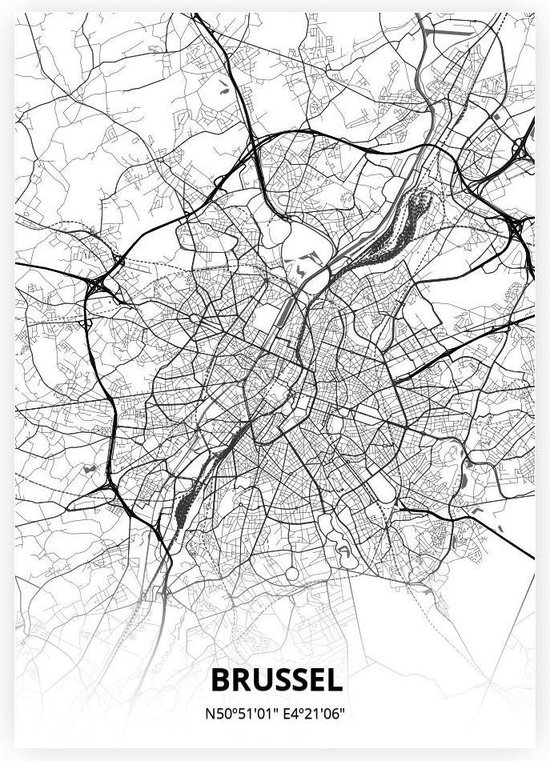 Brussel plattegrond - A3 poster - Zwart witte stijl