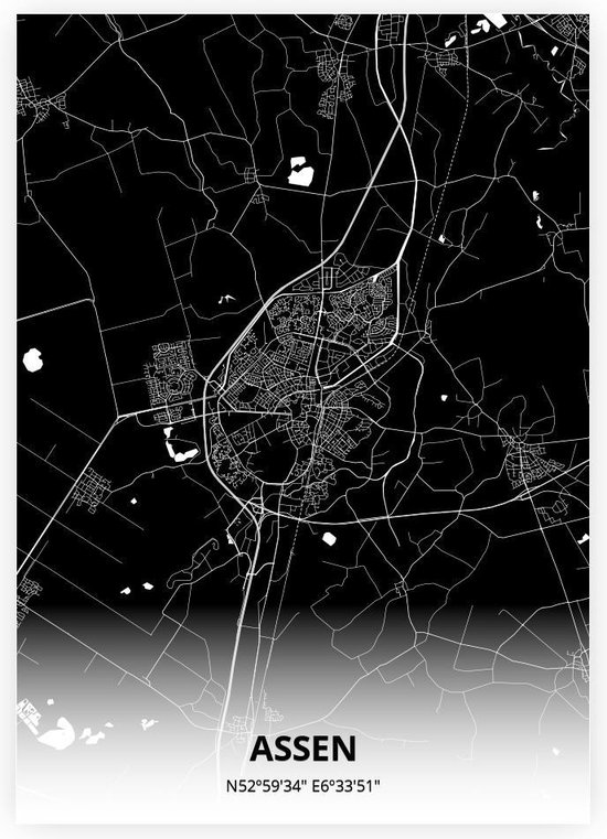 Assen plattegrond - A2 poster - Zwarte stijl