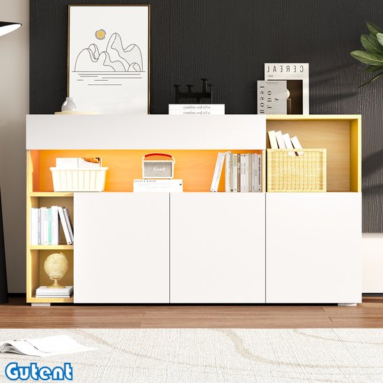 Commode Gutent - Multifonctionnelle - Commode à tiroirs - Siècle des Lumières LED - Wit et chêne