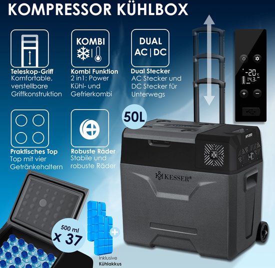 KESSER® Compressor Koelbox Elektrische Vriezer, met APP-bediening USB-aansluiting 12/24 V 230V, +Telescopische stangwielen Collbox tot -20 °C voor auto, vrachtwagen, boot, camper, camping - 50 Liter, Antraciet / Zwart van KESSER — afbeelding 2