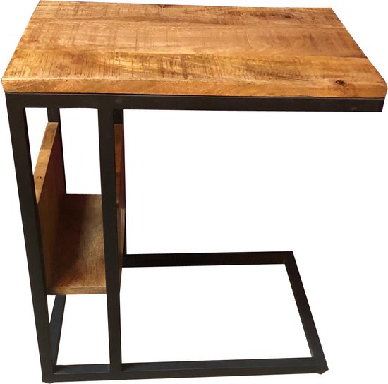 Luxe Bijzettafel voor over de bank | Mangohout en Staal | 48x32x53cm Banktafel - Laptoptafel bijzettafel - Laptop standaard Laptop Table - Laptop Tafel Schoottafel Bedtafel - Bank laptoptafel - Banktafeltje Bijzettafeltje (53 cm hoogte)
