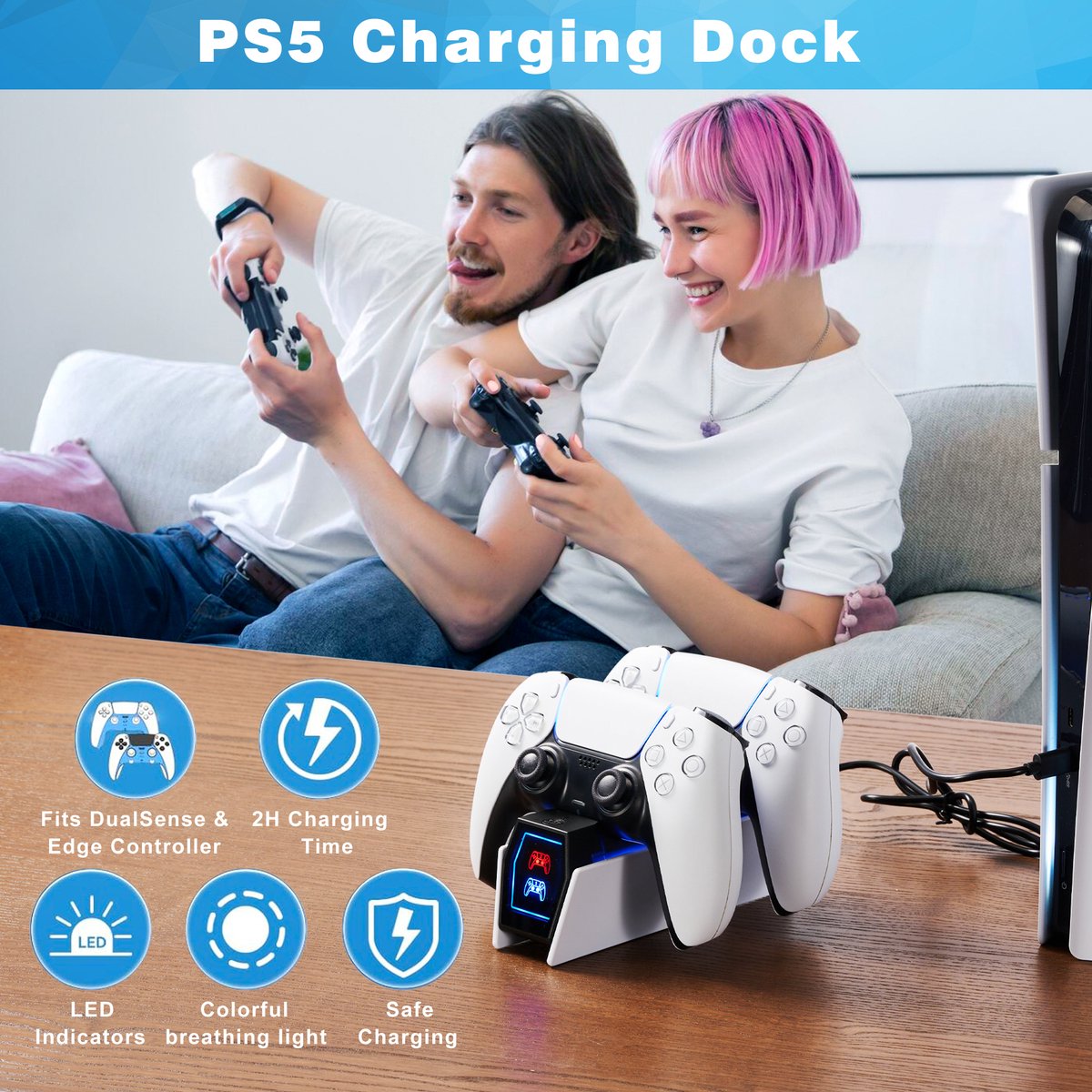 YONO Controller Oplaadstation geschikt voor PlayStation 5 - PS5 DualSense Controllers - Dual Oplader - Charging Dock - Wit - Liggend – foto 3
