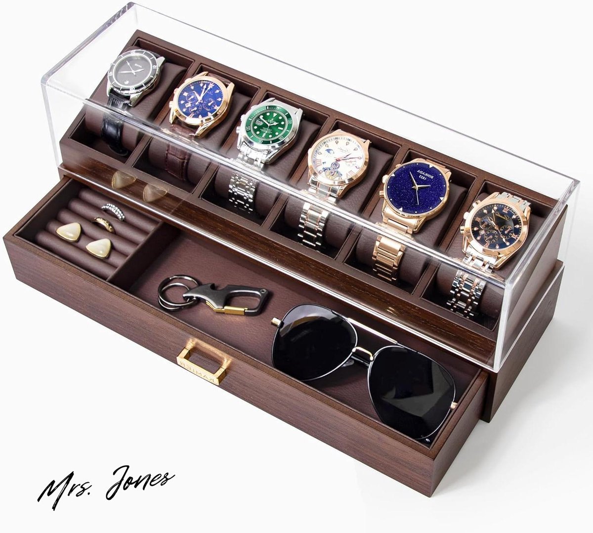 Mrs. Jones 360° horlogevitrine horlogehouder met 6 sleuven en lade voor mannen sieraden zonnebril opslag elegante houten horlogegeschenkdoos voor verjaardag walnoot .