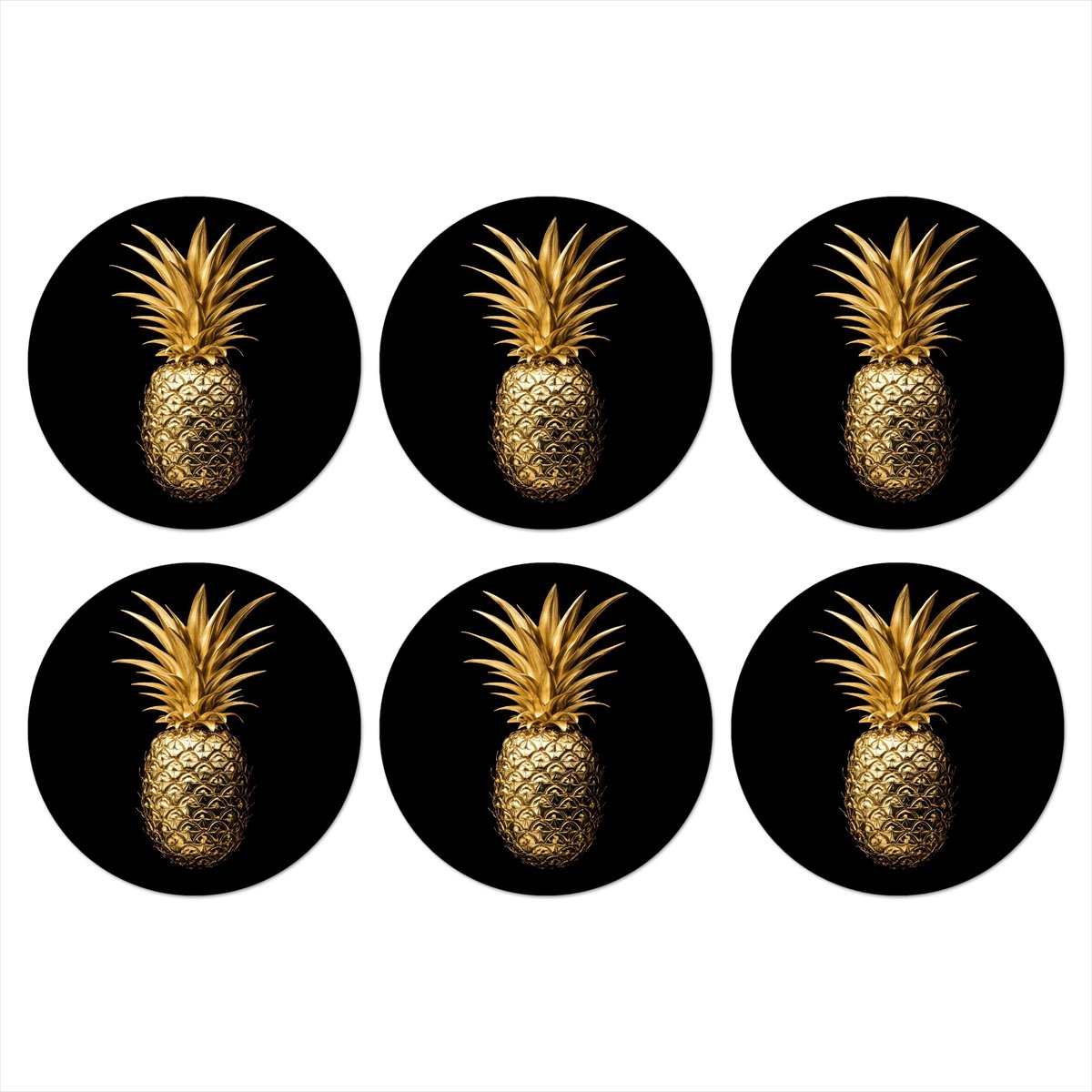 Onderzetters voor glazen - Rond - Ananas - Zwart - Goud - Luxe - 10x10 cm - Glasonderzetters - 6 stuks