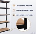 Zwarte stellingkast met vijf houten planken. Tekst over 'EENVOOUDIGE MONTAGE' en 'HANDIG INSTEEKSYSTEEM'.