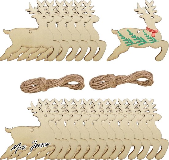 30 Stuks Houten Kerst Hertenkop Ornamenten - Onbewerkt DIY Versieringen Met Jute Touw