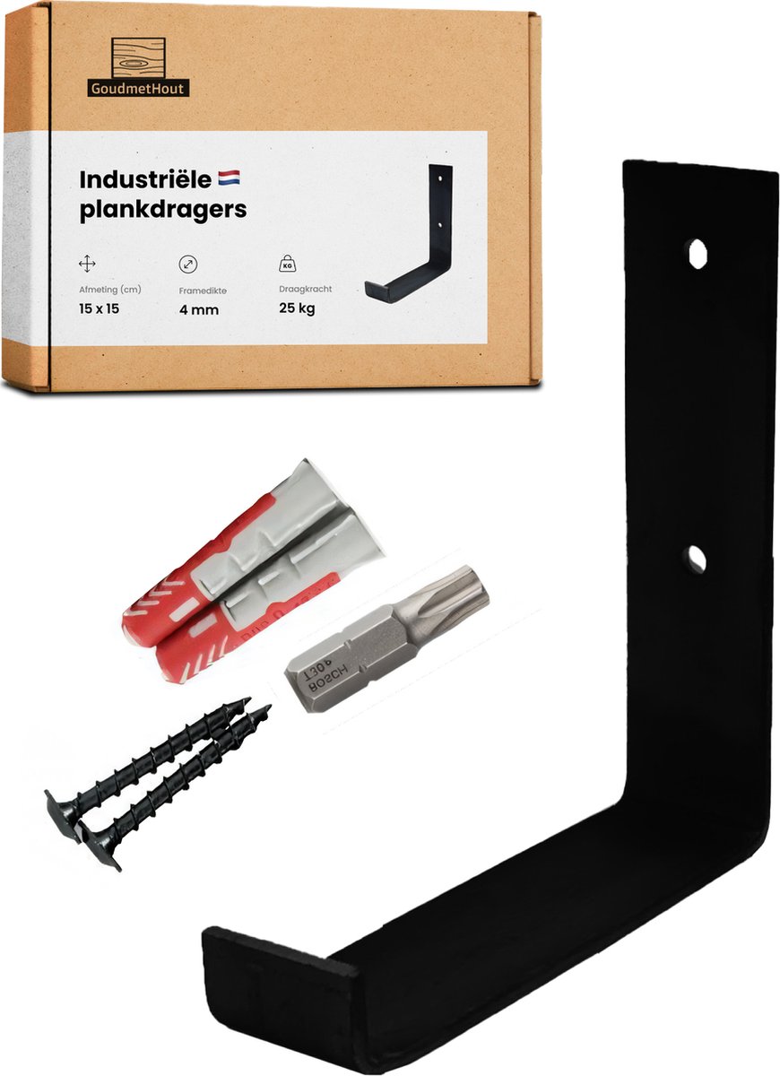 GoudmetHout® Industriële Plankdragers L-vorm UP - 15 cm - Stalen Plankdrager voor Wandschap, Muurrek of Wandconsole - Max 25 kg - 1 stuk - Mat Zwart