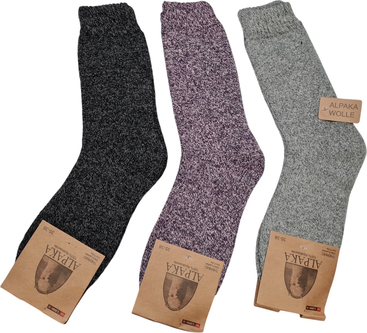 Alpaca Wollen Sokken- Huissokken - Wintersokken - Thermosokken - 3Pack – Zwart Paars Grijs - 39-42