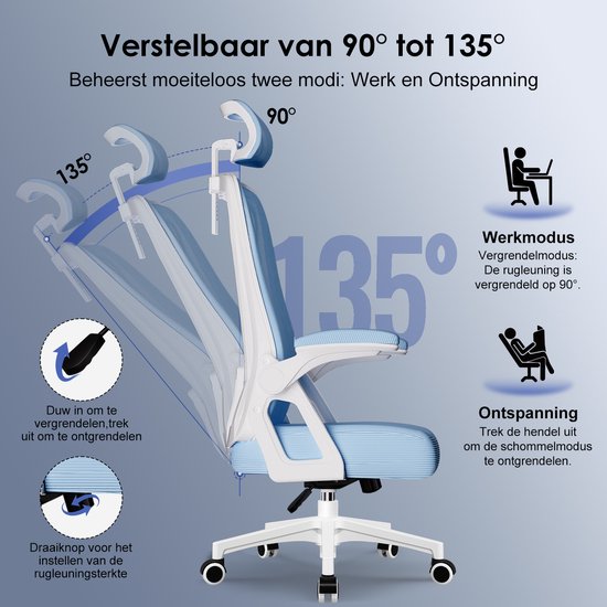 Blauwe ergonomische bureaustoel met instelbare rugleuning van 90° tot 135° voor werk- en ontspanningsmodus.