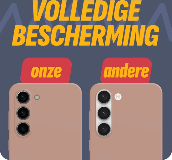 Roze telefoonhoesje vergeleken met een ander merk, met de tekst 'Volledige bescherming'.