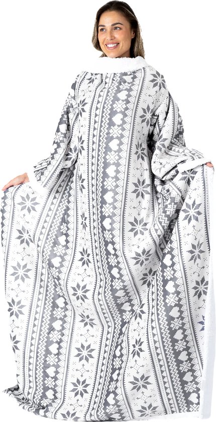 Fleece Deken met Mouwen - Hoodie Deken - Hoodie Blanket - Huggle Hoodie - Snuggle Hoodie - Dekens - Plaid met Mouwen - TV Deken - Wit met Grijs - Dames en Heren - Volwassenen - 180x130 cm - Noodpakket - Kerstcadeau - Snuggie Moment