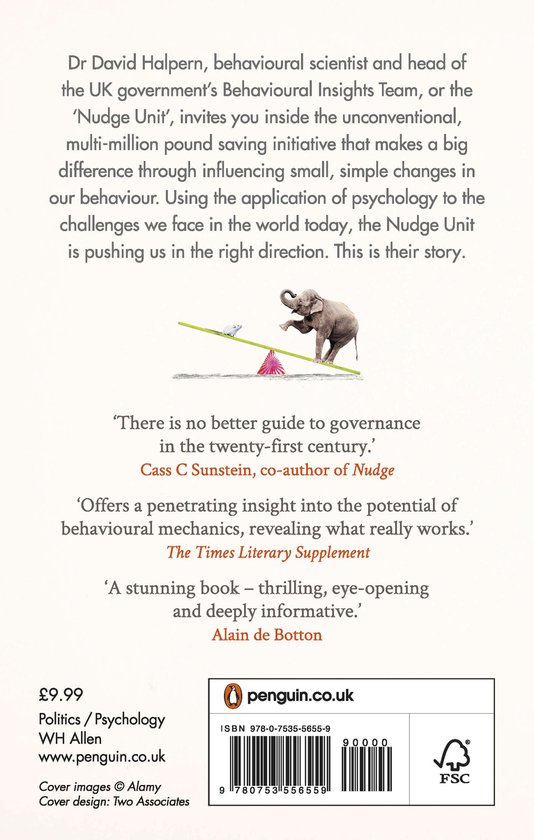 Achterkant van het boek 'Inside The Nudge Unit' met tekst over de inhoud, citaten en ISBN-barcode.
