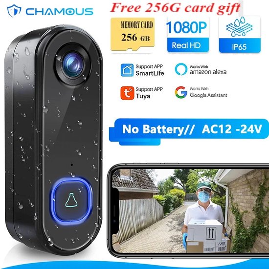 Trovado Video Deurbel met Camera + Wifi - bewegingssensor - Draadloos op Accu - Inclusief Draadloze Gong en 256GB SD Kaart - 1080P - Slimme Deurbel van Merkloos — afbeelding 2