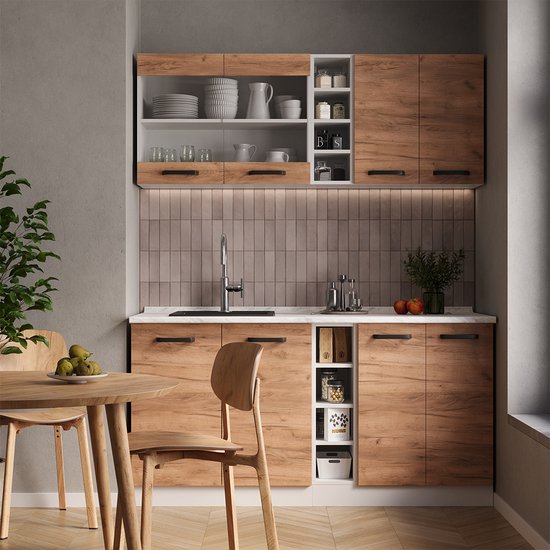 Cuisine D'angle Vicco R-Line 200 Cm - Blanc Brillant Et Chêne Doré, Sans Plan De Travail, Design Modulaire
