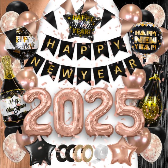 Q2Party - Happy New Year - Feestpakket - Rose Goud - Oud En Nieuw - Versiering - 2025 - Nieuw Jaar - Pakket - Decoratie - Ballonnen