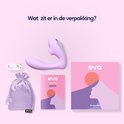 Paarse vibrator, USB-kabel, stoffen zakje, en "Queen Pro" verpakking met 'eva' logo.