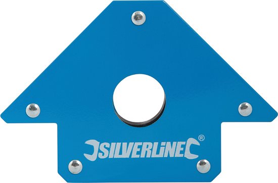 Blauwe lasmagneet in pijlvorm met zilverkleurig logo