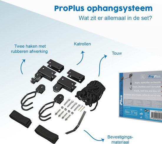 ProPlus Fietslift - XL - Ophangsysteem voor Fiets, Ladder en Dakkoffer - Met katrollen – Tot 57 kg - Plafondbevestiging – Haken met rubberen afwerking – Ook voor Kajaks en Ladders – Zwart