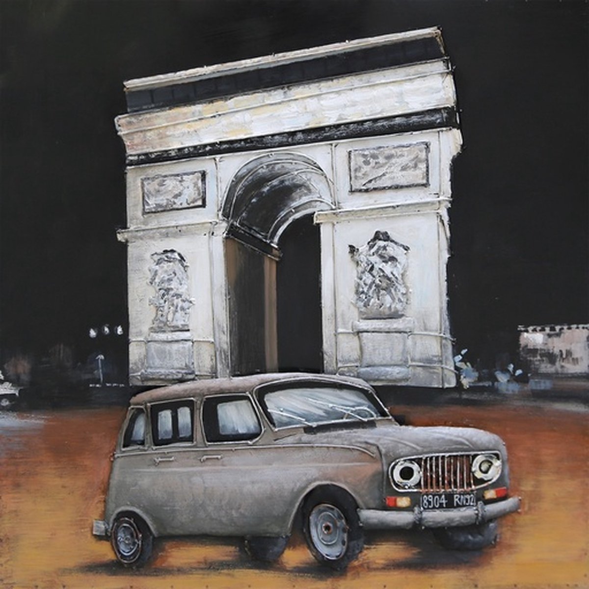 3D Metaalschilderij - Renault bij Arc De Triomphe - 80 x 3 x 80 cm