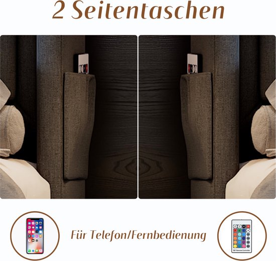Lit double Merax 160x200 cm avec tête de lit LED et fonction de charge USB-C - Lit hydraulique avec sommier à lattes et espace de rangement - Matelas inclus - Grijs