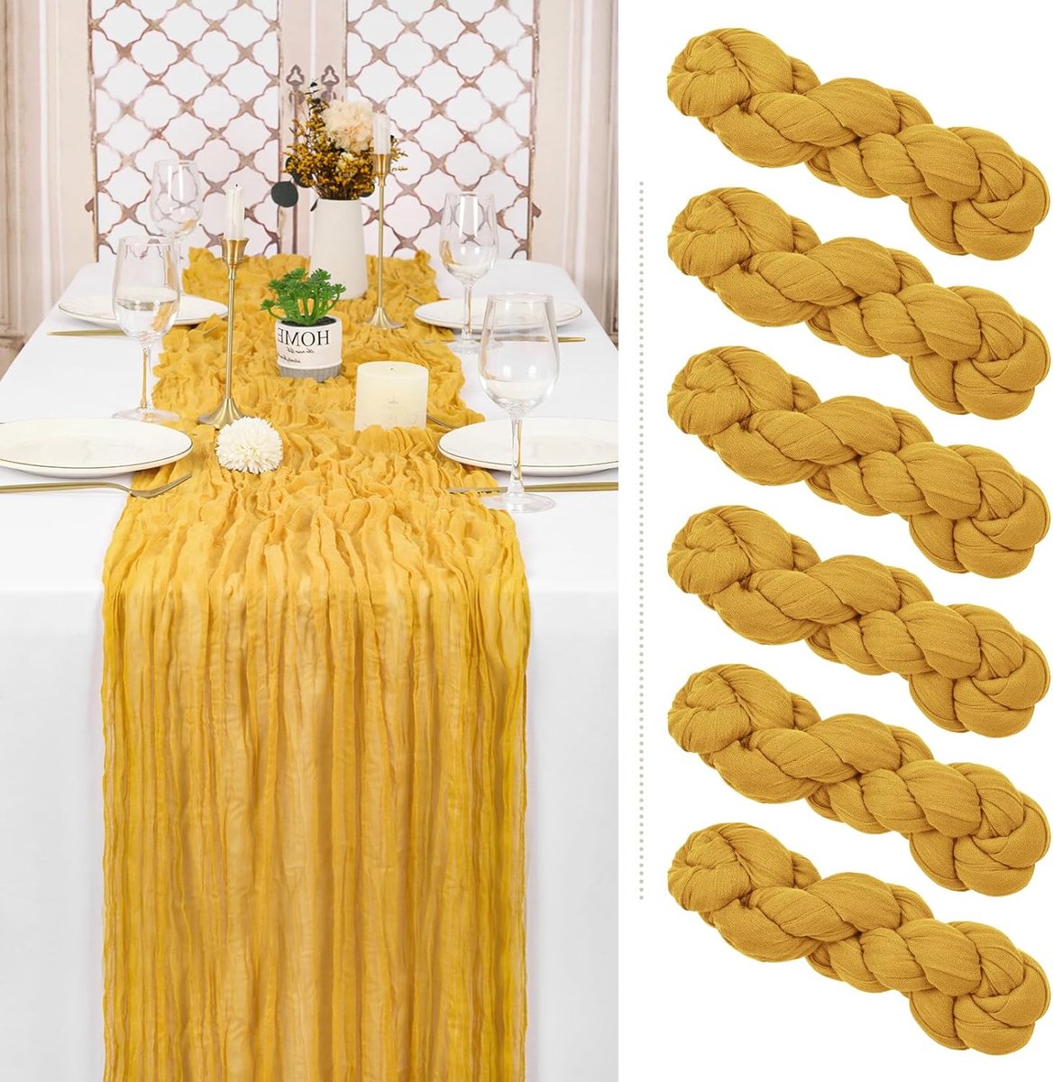 JGS ® Set van 6 Elegante Mosterdkleurige Tafellopers voor Boho Bruiloft en Feestdecoratie