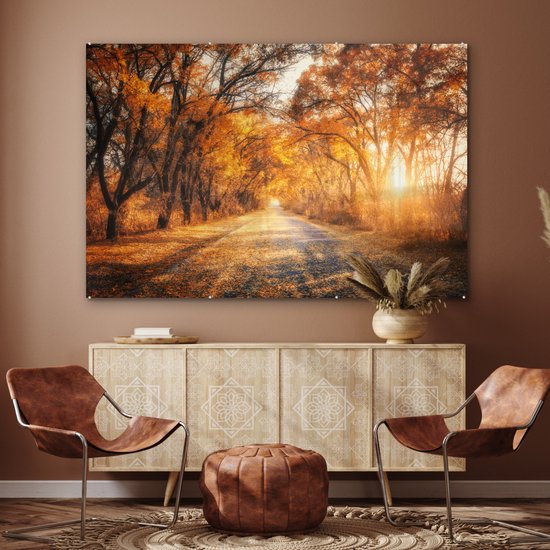 MuchoWow® Peinture sur verre 150x100 cm - Peinture sur verre acrylique - Forêt - Automne - Arbres - Chemin forestier - Nature - Photo sur verre - Décoration murale salon - Décoration murale chambre - Peintures
