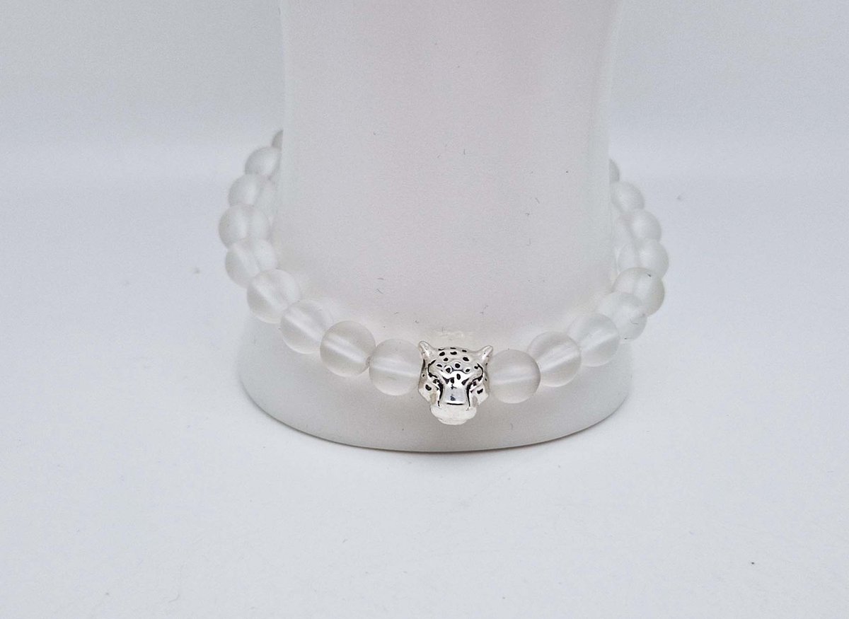 Handgemaakte natuursteen armband met Metalen vorm - Model 15 - "Selenite" -8 mm diameter van de korrel- Diameter armband 20 cm - Een mooi cadeau voor familie en vrienden