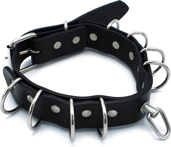 Kiotos - Zwarte Lederen Collar met Meerdere D-Ringen