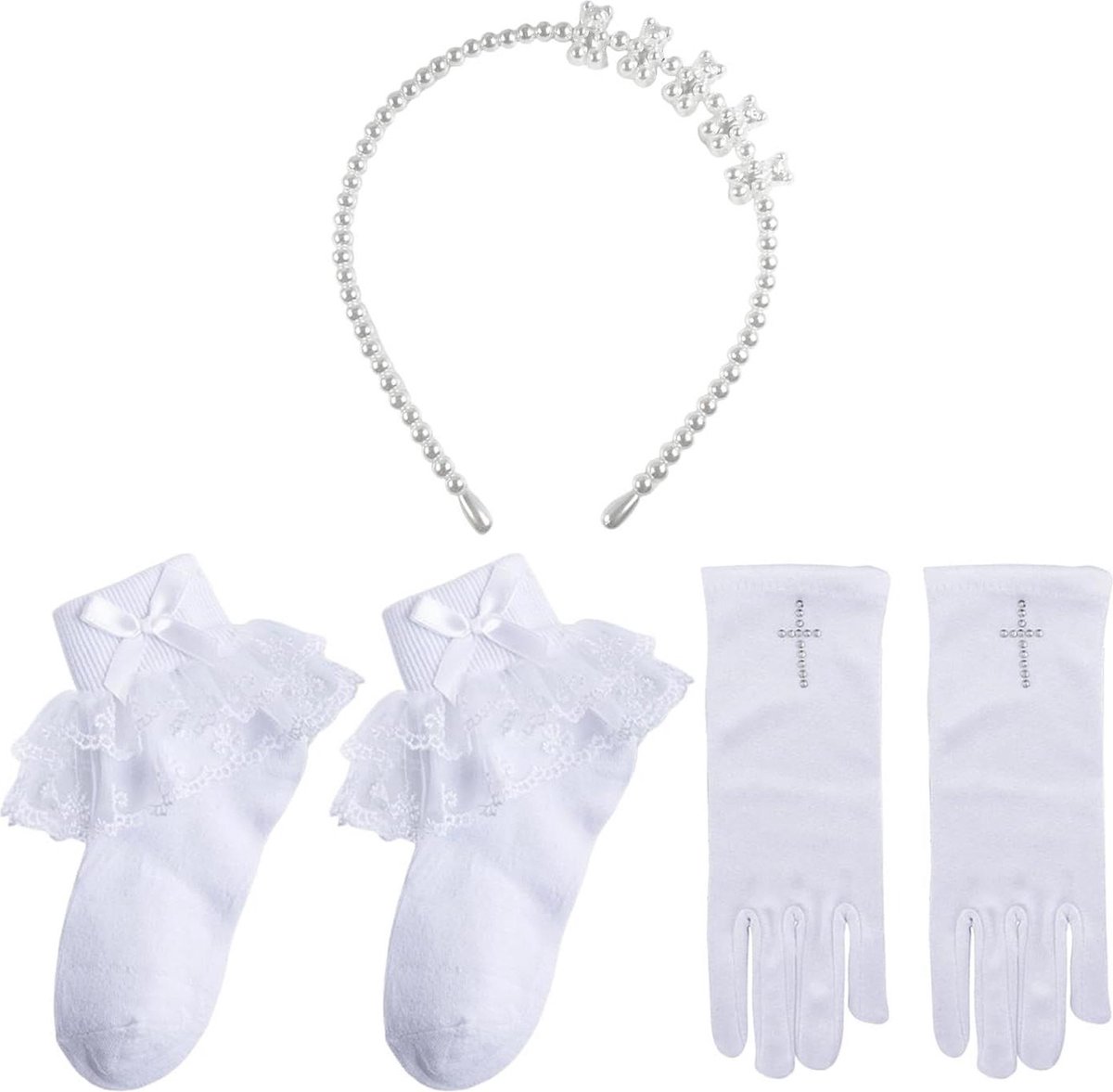 Communiesokken en handschoenen set - Parelwit lint - Feestlabeldecoraties .