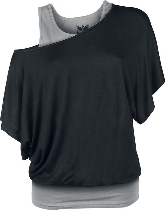 Black Premium by EMP Grijs-zwart t-shirt in double-layer-look - Dames - 4XL
