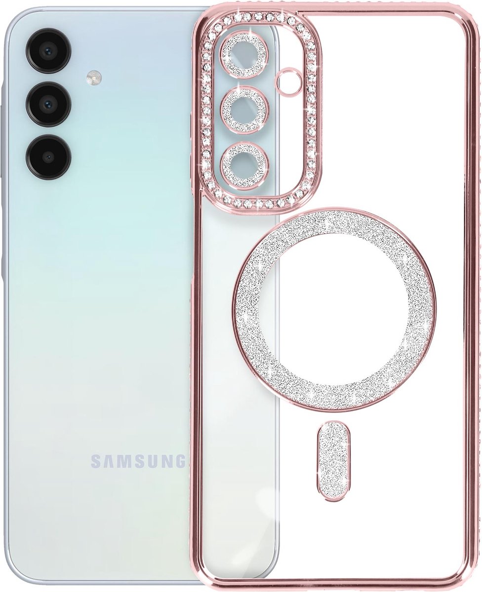 Avizar Diamond hoesje Geschikt voor Samsung Galaxy A15 MagSafe Omtrek Strass, Rose goud