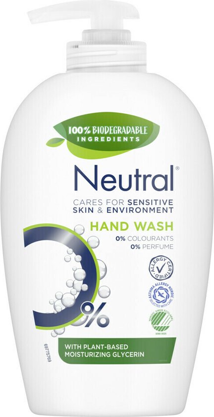 Witte fles Neutral handzeep met pomp. Label toont "100% BIODEGRADABLE INGREDIENTS", "0% COLOURANTS 0% PERFUME" en "PLANT-BASED MOISTURIZING GLYCERIN".