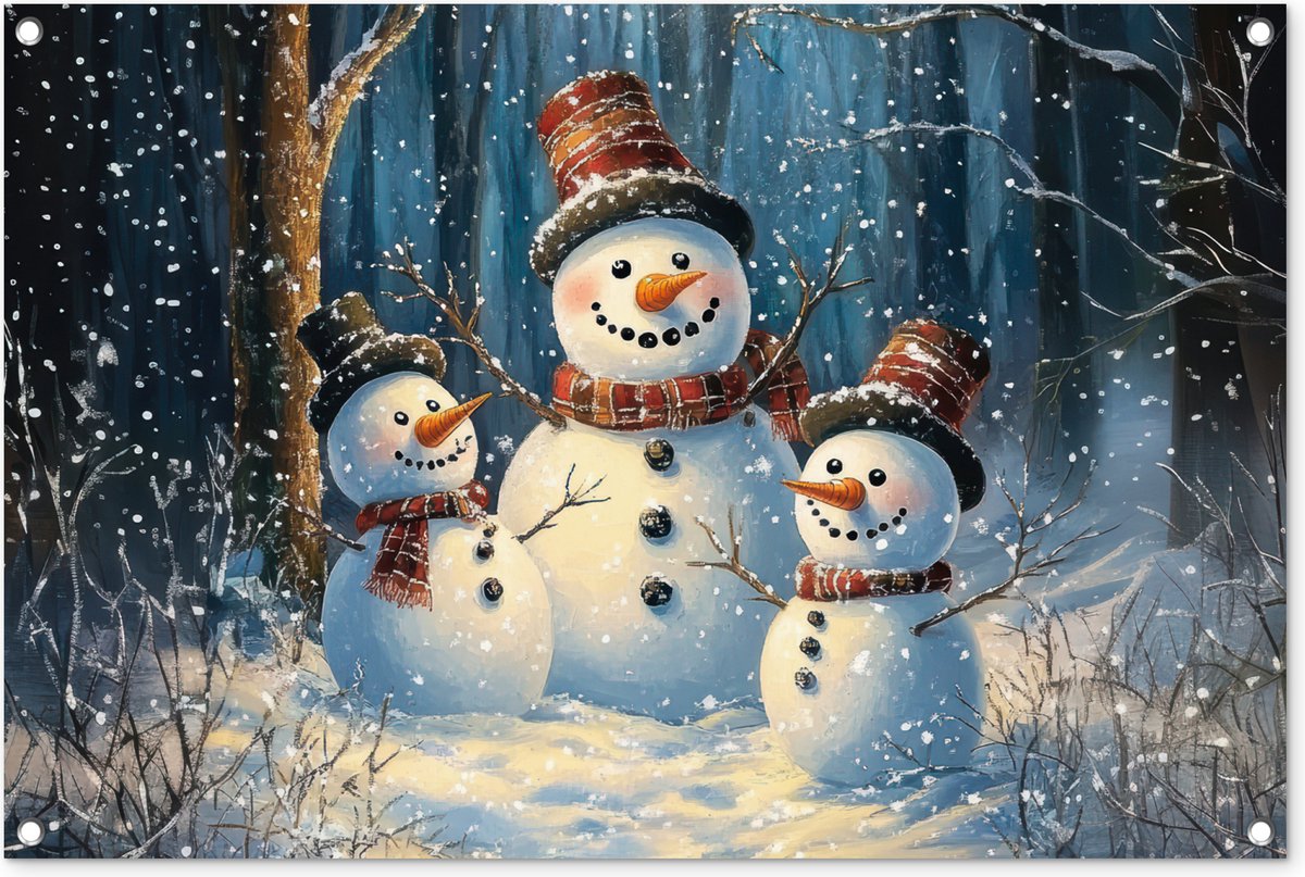 Tuinposter 90x60 cm - Tuindecoratie Sneeuwpop - Sneeuw - Winter - Bos - Poster voor in de tuin - Buiten decoratie - Schutting tuinschilderij - Tuindoek muurdecoratie - Wanddecoratie balkondoek - Kerstversiering - Kerstdecoratie