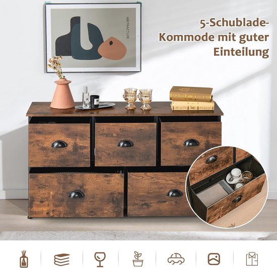 Commode met 5 Laden en Inklapbare Voetkussens voor Slaapkamer en Entree ...