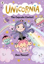 Unicornia: The Cupcake Contest - Een boek met een tekening van een meisje met paars haar dat op een cupcake zit, omringd door andere cupcakes en sterren.