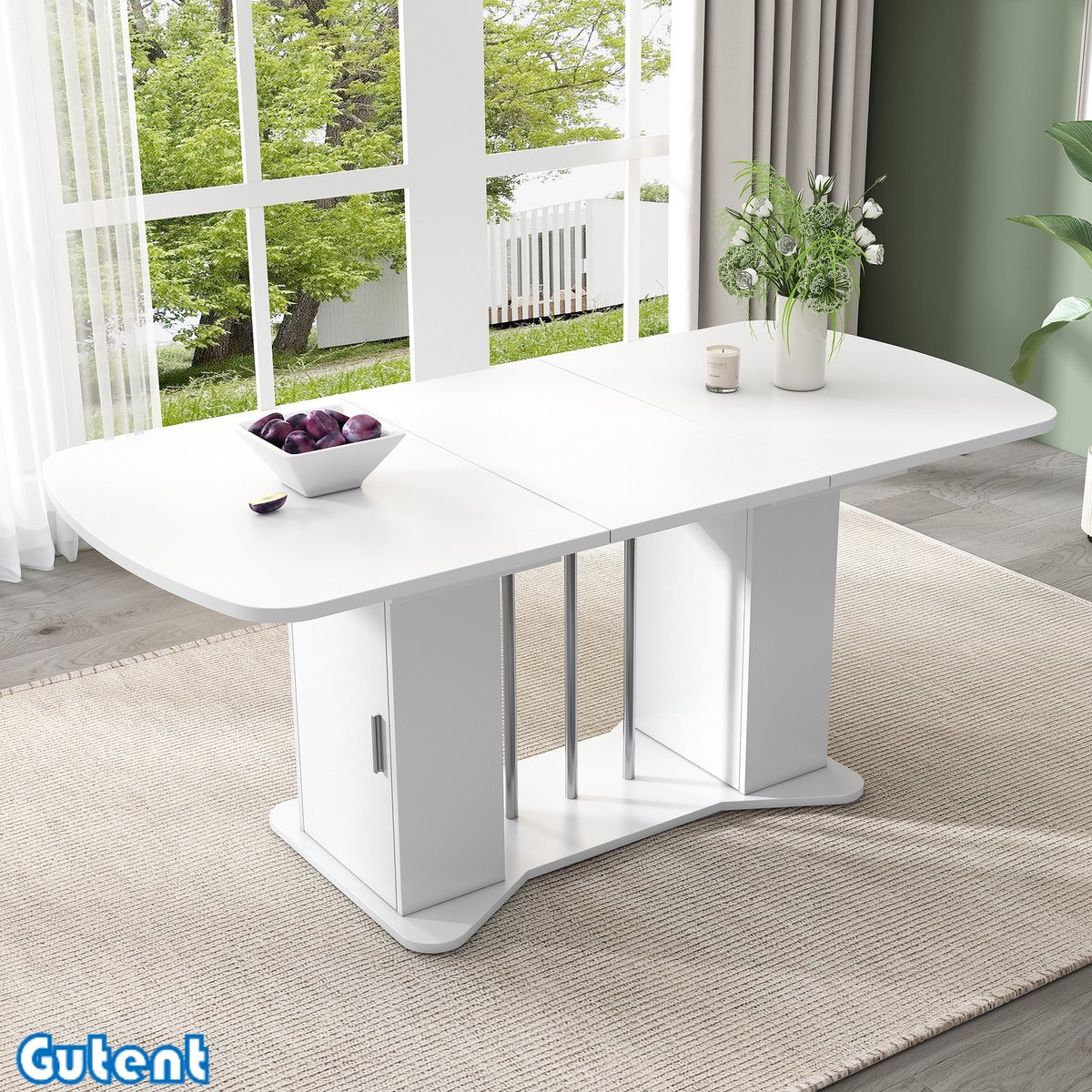 Gutent Uitschuifbare Eettafel - 120/160 x 80 cm - met Opbergruimte - Wit + Verzilverde poten