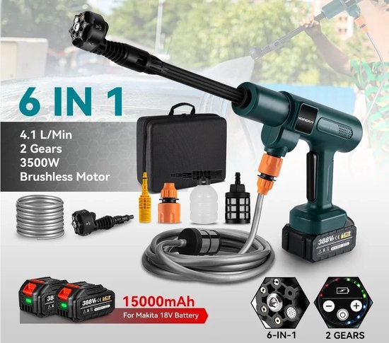 Gran Vida® – Hogedrukreiniger – 200BAR – 3500W – Draadloos – Inclusief 2 Batterijen – 6-in-1 spuitkop – Voor Auto’s & Tuin